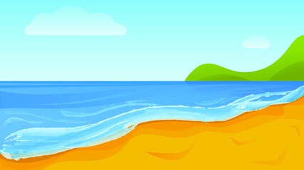 Fototapeta na wymiar Seaside landscape, empty tropical beach with waves. Paradise nature vacation on wild beach. Vector illustration cartoon style