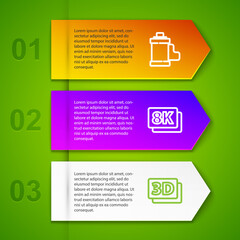 Set line Camera film roll cartridge, 8k Ultra HD, 3D word and Play Video. Business infographic template. Vector
