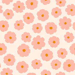 Cute pink flowers on beige background. Vector seamless pattern