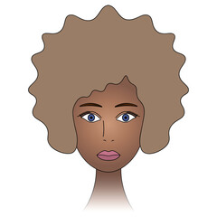 African American lady with blue eyes. Woman's face. Head of a girl with bleached hair. Colored vector illustration. Lush Afro hairstyle. Full lips, painted with lipstick. Isolated white background. 