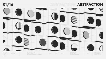 Abstract modern geometric banner with simple shapes in black and white colors, graphic composition design vector background, modular pattern of cubes and circles, 3d details architectural illustration