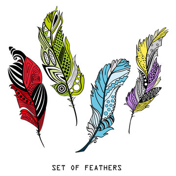 Feathers. Design Zentangle. Hand drawn feathers with abstract patterns on isolation background. Design for spiritual relaxation for adults. Decorative style. Print for polygraphy, posters and textiles