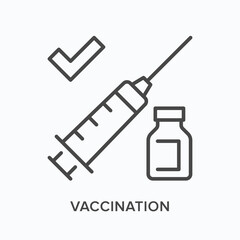 Vaccination flat line icon. Vector outline illustration of syringe and bottle. Black thin linear pictogram for medical injection