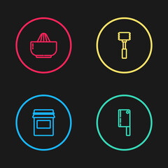 Set line Jam jar, Meat chopper, Kitchen hammer and Citrus fruit juicer icon. Vector
