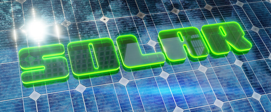 solar panel background with green glowing word solar.