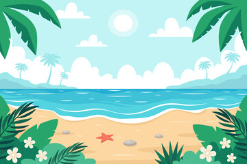 Fototapeta na wymiar Beach landscape. Seashore with starfish, palms and tropical plants. Vector illustration