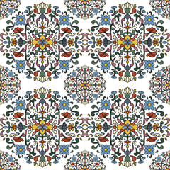 Seamless pattern. Flowers, branches and leaves in botanical composition. Vegetal natural ornamentation. Various abstract shapes and lines. Tile stencil. For paper, cover, fabric, gift wrap. Vector