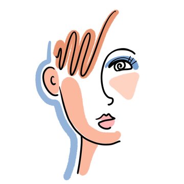 Face line Art. Abstract linear image - female portrait. Image with colored spots.