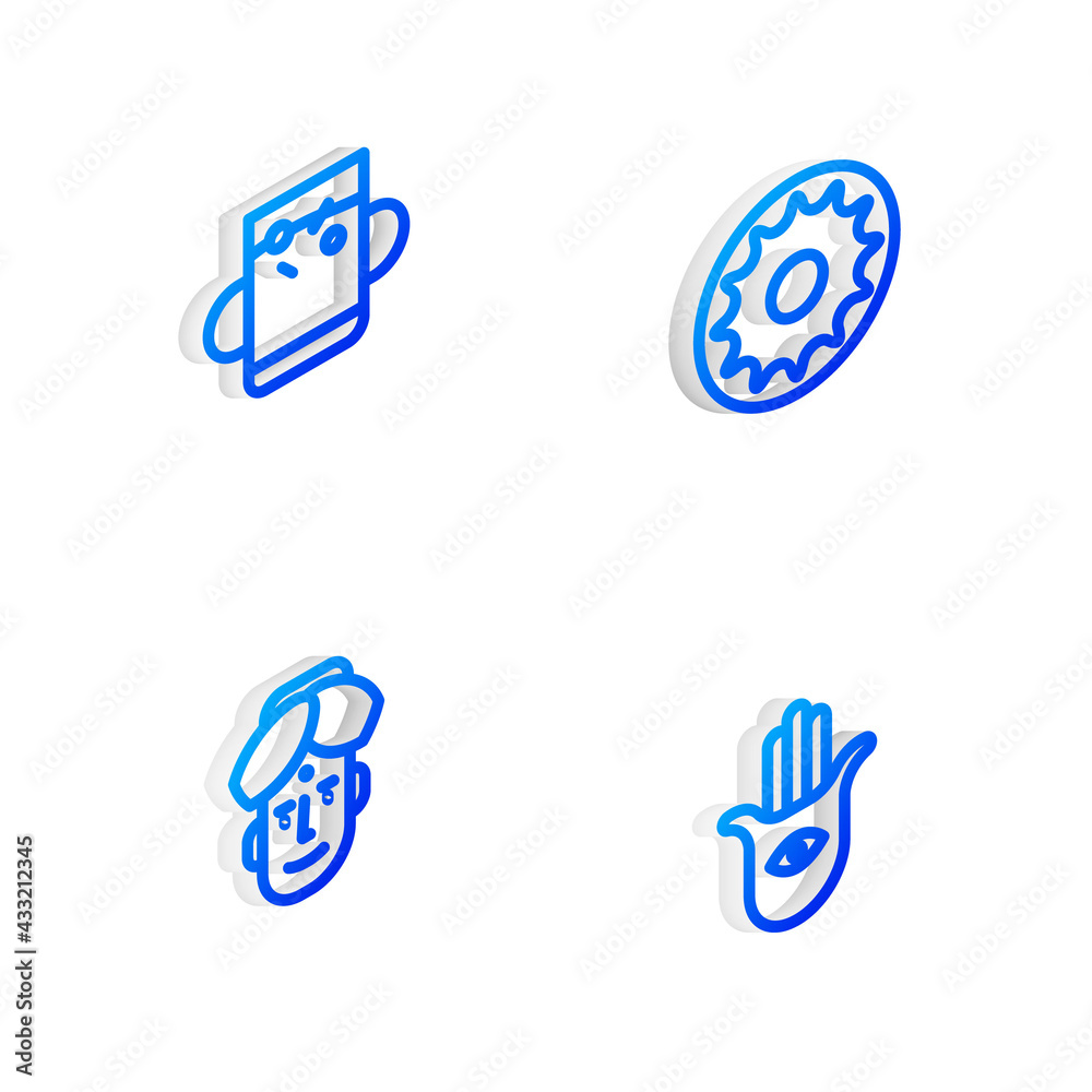 Sticker Set Isometric line Chakra, Cup of tea and leaf, Indian man and Hamsa hand icon. Vector