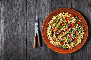 eggplant green bean noodle salad, top view