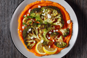 grilled broccoli steaks with puree and feta