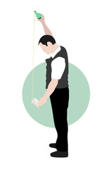 Asturian waiter throwing, pouring out cider from a bottle to a glass with his arm up. Asturias, Spain. Flat style isolated vector illustration.