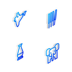 Set Isometric line Aroma sticks, incense, India map, Indian vase and Elephant icon. Vector