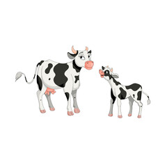 farm animals - adult cow with her baby calf vector isolated illustration