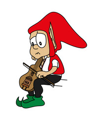 Cute puzzled red hat elf character with pointed ears sitting and trying to play the violin. Music, musical instrument. Isolated cartoon style vector illustration.