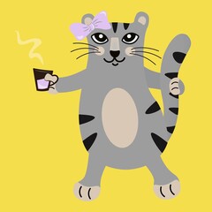 A contented, gray cat girl drinks coffee and wags her tail in pleasure. A cat invites you for a cup of coffee or tea. Vector. Trending colors are gray and yellow. Design for print, clothing, calendar.