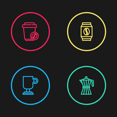 Set line Irish coffee, Coffee moca pot, Bag beans and cup to go icon. Vector