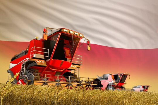 industrial 3D illustration of agricultural combine harvester working on rural field with Poland flag background, food production concept