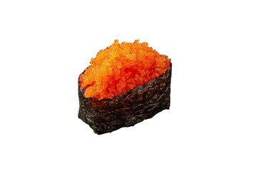 Ebiko Sushi isolated on white background, Sushi roll wrapped in seaweed, on top with Flying Fish roe (Tobiuo), Tobiuo roe is round, small and clear with shiny orange color. it's popular Japanese dish.