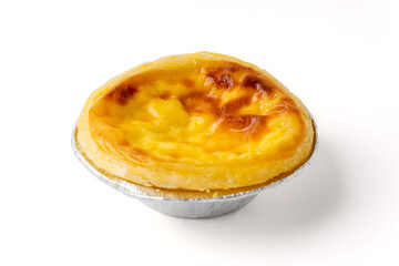 egg tart or egg custard tart isolated on a white background, The main ingredient is outer pie crust. In the middle there is an egg with custard and then baked.