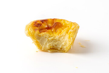 Half of egg tart or egg custard tart isolated on a white background, The main ingredient is outer...