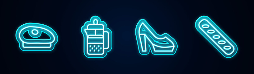 Set line French beret, press, Woman shoe and baguette bread. Glowing neon icon. Vector