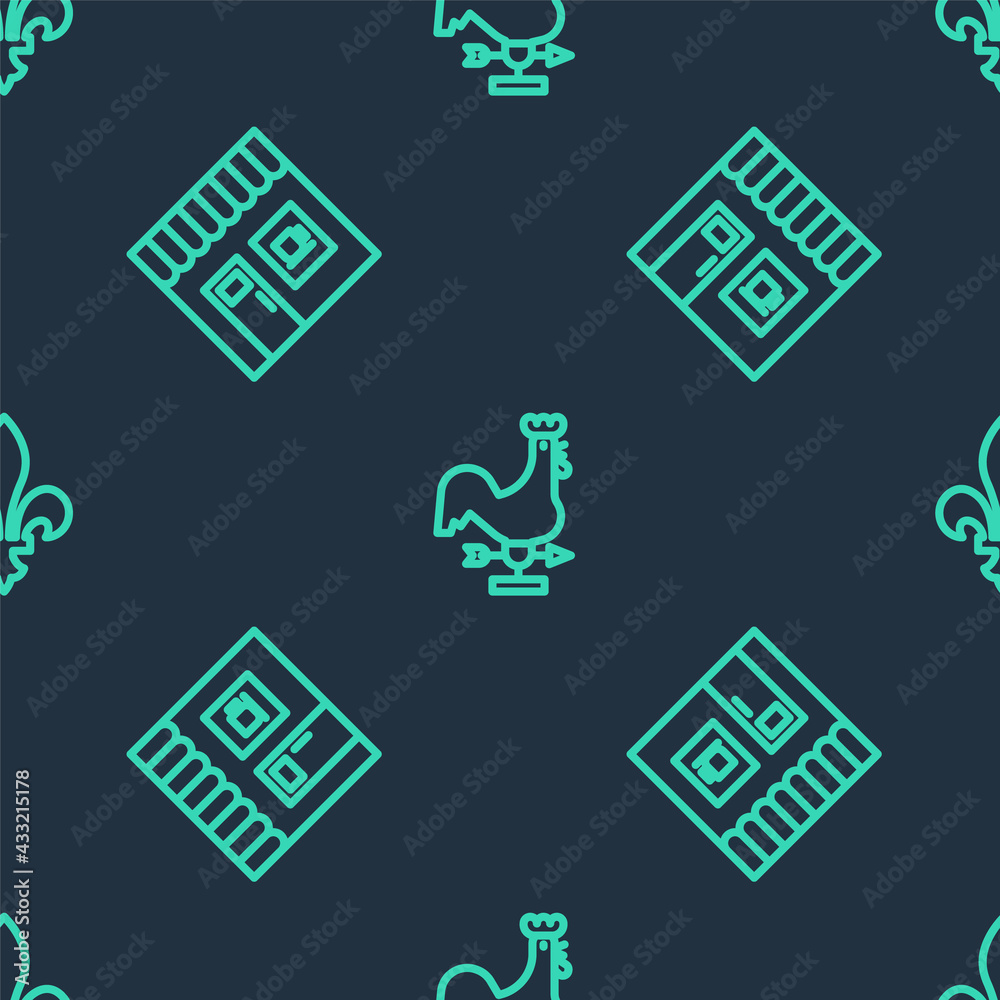 Sticker set line rooster weather vane, coffee shop and fleur de lys on seamless pattern. vector