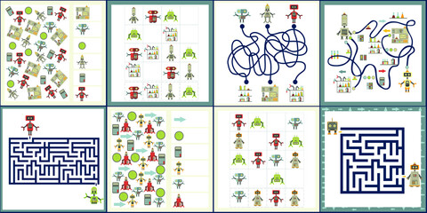 Mini games collections with robots for development. I spy. Maze. Colorful vector illustration in flat style.