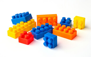 Obraz premium Many color square puzzle toys isolated on a white background.