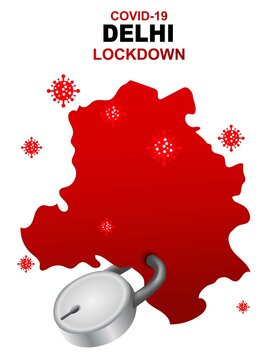 Delhi Lockdown Preventing Covid19, Corona Virus Epidemic And Outbreak. Delhi Concept Maharashtra Map With Locker. Vector Illustration Design 