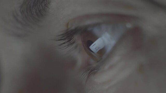 Detail of woman eye, computer screen images reflected in the eye, technology