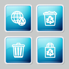 Set line Planet earth and recycling, Recycle bin with recycle, Trash can and Paper bag icon. Vector