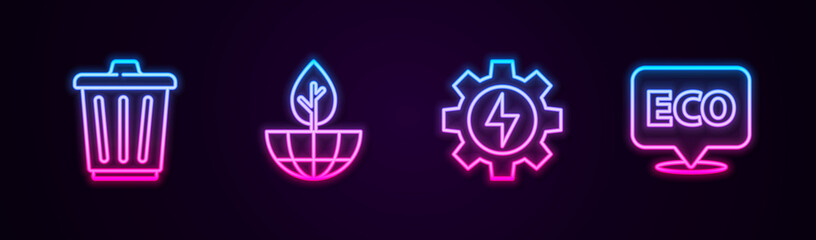 Set line Trash can, Earth globe and plant, Gear lightning and Label for eco healthy food. Glowing neon icon. Vector
