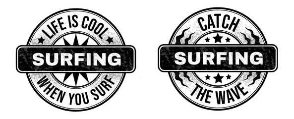 Vintage-style prints with inscriptions: life is cool when you surf. And lettering: catch the wave. The prints are dedicated to the topic of surfing and sports. all fonts with a free license. Stamps.