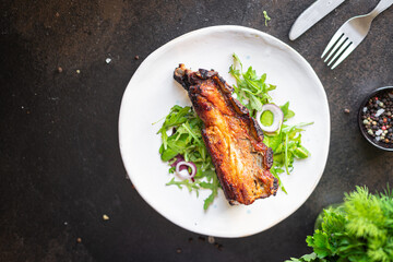 ribs glazed baked meat bbq pork fried beef or lamb sauce hot spices meal snack copy space food background rustic top view