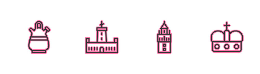 Set line Sangria pitcher, Giralda, Montjuic castle and Crown of spain icon. Vector