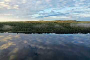 river autumn view from drone forest, landscape panorama aerial view