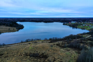river autumn view from drone forest, landscape panorama aerial view