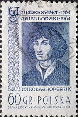 POLAND-CIRCA 1964 : A post stamp printed in Poland showing a portrait of the scientist and astronomer Nicolaus Copernicus. Drawing a pattern