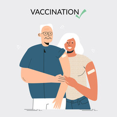 Senior elderly couple after vaccine injection. Time to vaccinate Vaccination concept. Social health care companies poster. Grandparents with bandage on the shoulder. Flat vector cartoon illustration