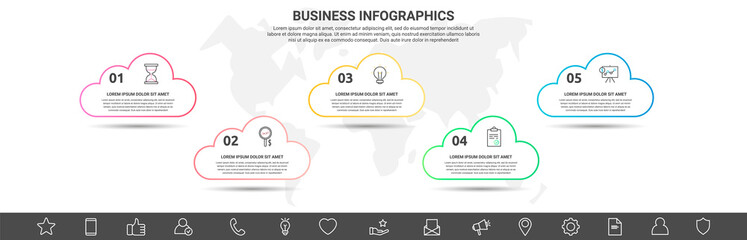 Infographic clouds. Vector line business concept of 5 options. Abstract template with five steps for diagram, web, banner, presentations, flowchart, content, levels, chart