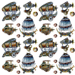 Watercolor seamless pattern with fantastic airships. pattern of a flying car in the steampunk style. Hand-drawn. air transport of the 19th century isolated on a white background. Fantastic art. © Nadine.de.trevile