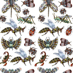 Seamless pattern with insects drawn in steampunk style. Watercolor background with robot beetles. mechanical beetles, crickets, grasshoppers, scorpions, isolated on a white background. Fantastic art.