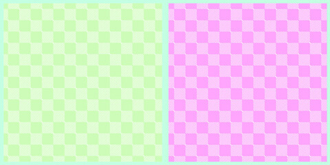 Set of patterns in a cage. Checkered plaids in a green, pink cage on a white background. Seamless pastel backgrounds for tablecloths, dresses, skirts, napkins or other textile design. 