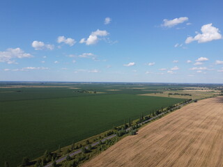 Beautiful agricultural landscape, open field with blue sky and white clouds. Farmfields from a bird's eye view.