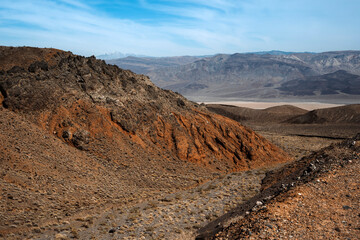 Beautiful panoramic landscape with mountains and desert in Death Valley, USA.