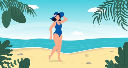 Fototapeta na wymiar Woman in swimsuit summer vacation on tropical beach. Blue sea island resort. Summer vacation concept. Girl in bikini travel sea. Tropical island paradise. Palm leaves, ocean wave seaside.