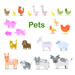 Collection of pets Agricultural set: chicken rooster duck goose turkey calf cow bull piglet goat sheep cat dog horse Vector stock illustration White isolated background Cute stylized baby animals
