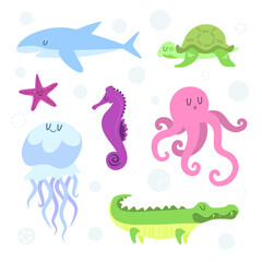 Set of sea animals Stylized simplified animals of the ocean Shark turtle starfish seahorse jellyfish octopus Children's illustration
Vector stock illustration White isolated background design template