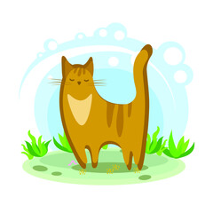 cute ginger cat. Cartoon children's style. Character in location. Glade with plants and sky. simplified style. Vector stock illustration. tabby cat
